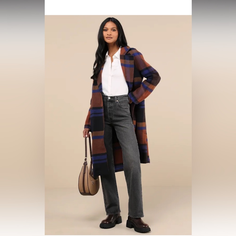 NWOT Avec Les Filles Plaid Cobalt Blue/Brown Wool Coat size XL